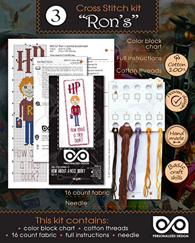 Personalized.Design Embroidery Kits for Kids 'HP Quotes' - Set of 5 DIY Bookmarks with Counted Cross-Stitching Patterns - color: 5-in-1