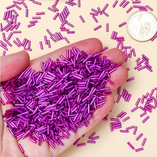 2000pcs Glass Bugle Beads, Tube Beads Bulk, Mini Long Tiny Small Waist Loose Spacer Embroidery Beaded for Bracelets Jewelry Making Sewing, Crafts, 2×6mm, Pinkish Purple - color: Pinkish Purple