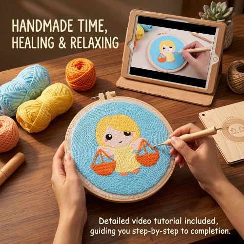 Harimau Punch Needle Kit Twelve Zodiac Signs Pattern,1Pc Embroidery Hoop, Essential Punch Needle Supplies,Ideal Punch Art for Beginners,DIY Adults Embroidery, Video Teaching - color: 65281