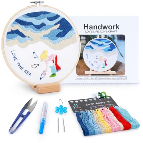 BERYA Embroidery Kit for Adult Beginners, Sea Embroidery Kit with Step-by-Step Instructions and Video, Printed Cloth, 7.87" Hoop, Display Stand, Color Threads and Tools for Craft Lover(BEH001) - color: Blue sea