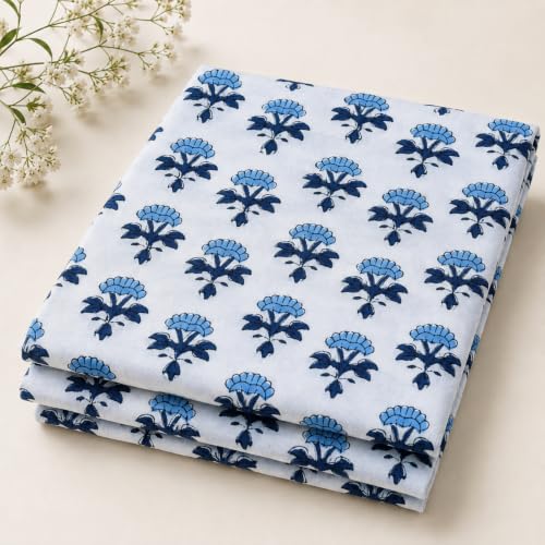 100% Cotton Fabric by the Yard, Hand Block Print Fabric for Sewing RB-112 - color: Rb-112 Blue, size: 1 Yard pre cut