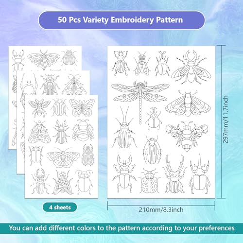 GLOBLELAND 4 Sheets Insect Water Soluble Embroidery Pattern 8.3×11.7 inch - color: Insect