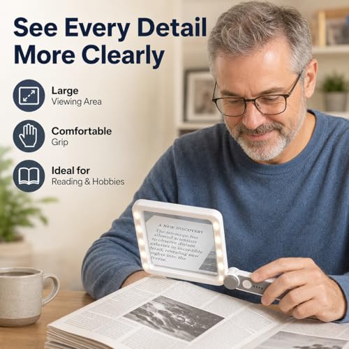 TECHSHARE 4X Rechargeable Magnifying Glass with Light, Large Rectangular Glass Lens, 10 LEDs, 3 Brightness Levels, USB-C Foldable Magnifier for Reading Books, Bible, Small Print, Seniors