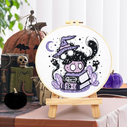 Crafmanoe Halloween Embroidery Kit for Beginners Adults, Skull Cat Stamped Cross Stitch Kit for Adult Beginner, Gothic Ghost Hand Embroidery Needlepoint Kits, 3 Set Embroidery Hoops and Video Tutorial - color: Purple