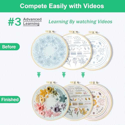 Huacan Floral Embroidery DIY Art Kit for Beginners Adults - 3 Pattern Sets with Guide, Adjustable Hoop, Color Threads, Needles & Tools | Home Decor Craft Gift