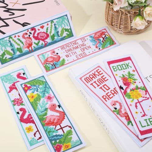 ORIGACH 6 Pcs Cross Stitch Bookmark Kit for Beginner Flamingo Bird Pattern Stamped Embroidery Stitch Kits for Starter DIY Bookmarks Printed Cross Stitch Kits for Book Lovers - style: Flamingo