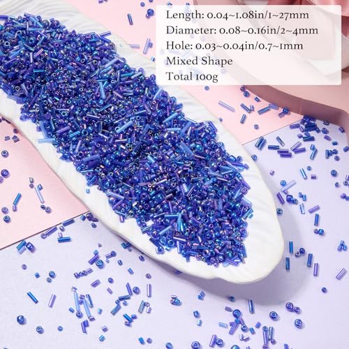 Ornaland Glass Bugle Beads Bulk, Long Embroidery Beads, Blue, 100g - color: Blue