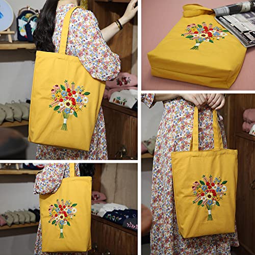 MAMUNU Canvas Tote Bag Embroidery Kit with Pattern for Beginners, Arts and DIY Crafts Kits for Adults, Include Instructions Embroidery Bag, Embroidery Hoops, Color Threads and Tool (Yellow) - color: Yellow