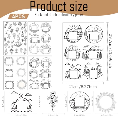 Water Soluble Embroidery Stabilizers for Hat, 4 Sheets Flower Stick and Stitch Embroidery Papers Wash Away, Pre-Printed Floral Farmhouse Pattern Transfers for Hand Sewing Lovers Beginners - size: Floral