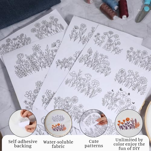Water Soluble Embroidery Stabilizer 4 Sheets Water Soluble Stabilizer for Embroidery Patterns Stick and Stitch EmbroideryPaper Designs Transfer Paper with Pre-Printed Flower Leave for Hand Sewing