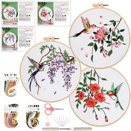 Ohcol 3 Sets Hummingbird Embroidery Kit for Beginners Needlepoint Kits for Adults Cross Stitch Kits with Clear Instructions,Easy Funny Stamped Bird Patterns Fabric Hand Crafts - color: Q-Hummingbird (3 Patterns, 1 Hoop + Extas)