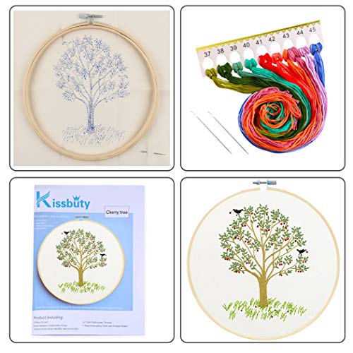 KISSBUTY Full Range of Embroidery Starter Kit with Pattern, Cross Stitch Kit Including Embroidery Fabricwith Plants Pattern, Bamboo Embroidery Hoop, Color Threads and Tools Kit (Cherry Tree)