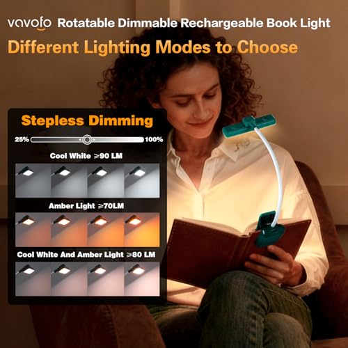 VAVOFO 24 LEDs Rotatable Book Light, Rechargeable Clip Reading Lamp, Green - color: Green