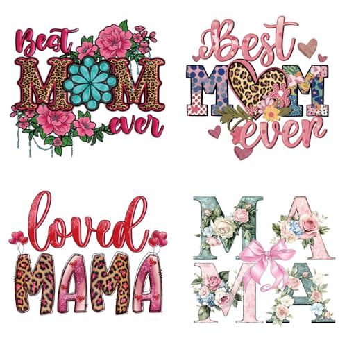 Mother’s Day Iron on Patches for Clothes, 4PCS Best Mom Ever DTF Transfer Ready to Press Colorful Flower Rose Love Mom Pattern Heat Transfer HTV Vinyl Decals for Mother T-Shirt Jacket DIY Bags Decor - color: Mother's Day B