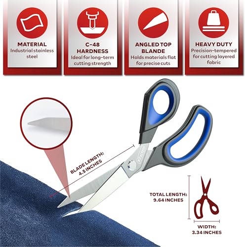 XFasten Sewing Scissors for Fabric Cutting Blue 9.5 Inch Professional Fabric Scissors Sewing | Heavy duty and Large - color: Blue