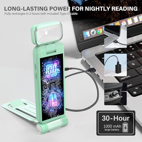 KTEBO Rechargeable Book Light with Clip & Battery Indicator, 9 Luminescence Modes, USB-C Portable 1.6 oz Ultralight Lamp for Night Reading in Bed, Readers - Green - color: Green
