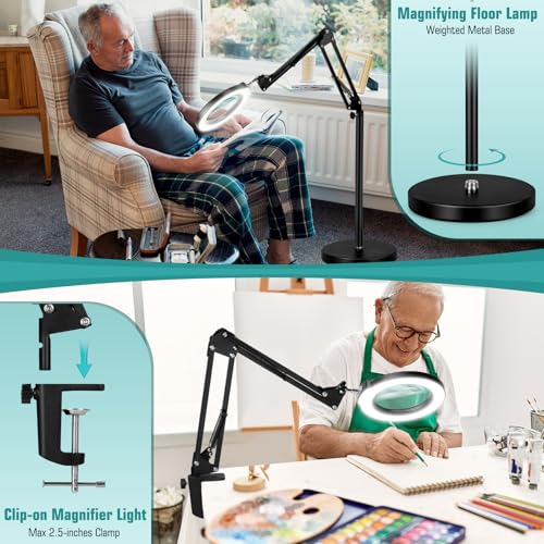 12X Magnifying Glass with Light and Stand, Real Glass Lens (Not Acrylic), 5 Color Modes, Stepless Dimmable, LED 3-in-1 Floor Lamp, Swing Arm with Clamp, Lighted Magnifier Hands Free for Craft, Reading - color: Black