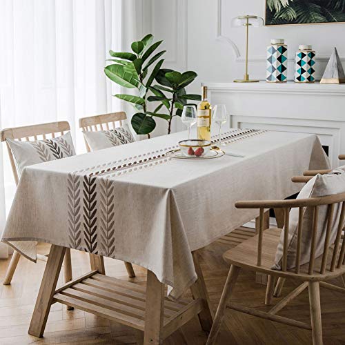 AMZALI Water Proof Table Cloth Elegant Embroidery Leaf Pattern Wrinkle Free Heavy Weight Cotton Linen Tablecloth Decorative Fabric Table Cover for Outdoor and Indoor (Rectangle,53 x 70 Inch) - size: 70" x 53" (Oblong)