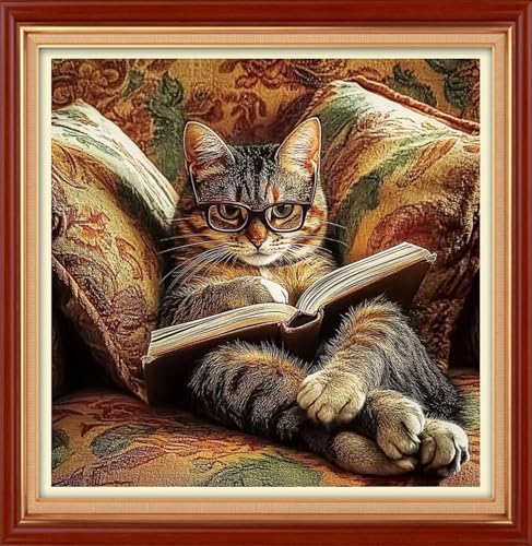 Foxhool Stamped Cross Stitch Kits,11CT Printed Cross Stitch Pattern Full Embroidery Kits for Beginner Needlepoint Kits&Cat Reading 18x18 inch - color: ColorSet13
