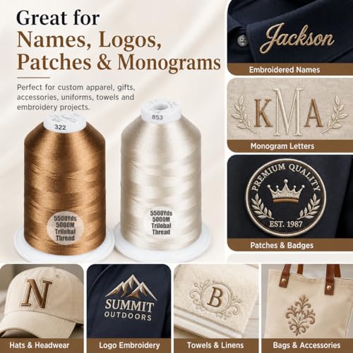 Simthread 2Pk 5500Y 40WT Polyester Embroidery Thread Brown323 Beige843 - color: Natural Duo(LightBrown+Beige)