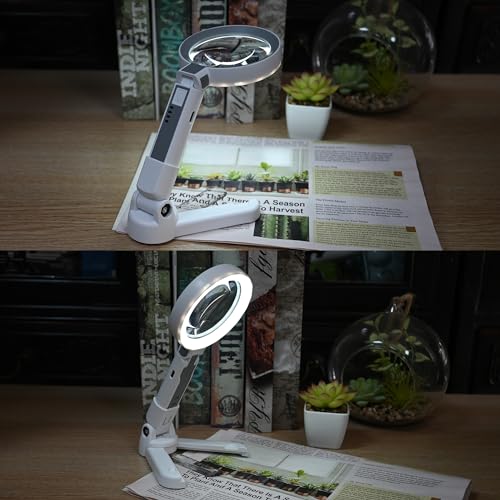 4X Rechargeable Magnifying Glass with 18 LED Light, Foldable Handheld Stand, Magnifying Glass with Light Ideal for Close Work, Seniors Reading, Macular Degeneration - Inbuilt Lithium Battery Included - size: 4X-10.5X
