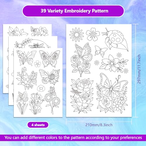ORIGACH 4 Sheets Floral Insect Water Soluble Embroidery Pattern Stabilizers - color: Floral & Insects