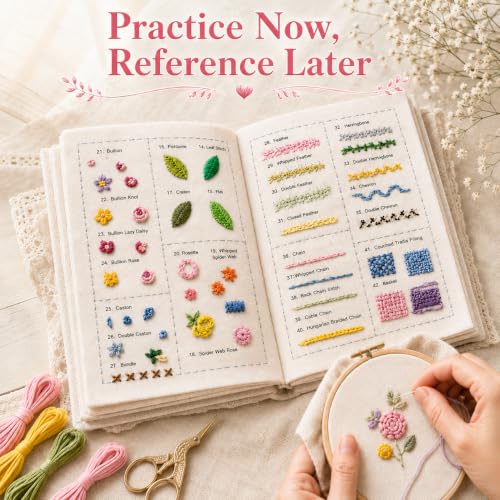 spicssa Beginner Embroidery Stitch Book Kit, 79 Stitches, Video Tutorials