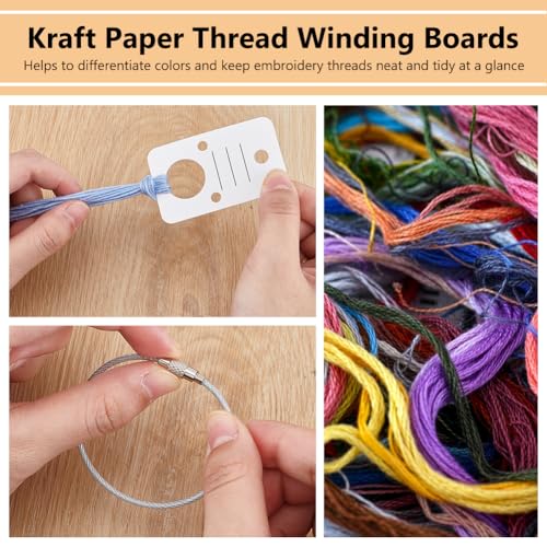 BENECREAT 100Pcs Rectangle Floss Thread Drops, White Paper Winding Thread Card, Embroidery Thread Bobbins Organiser with 4Pcs Iron Hanging Ring for Sewing Storage DIY Crafts