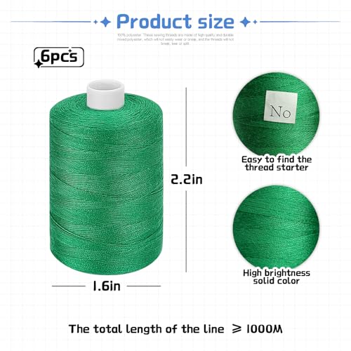 Green Thread for Sewing, 6 Spools of 1000 Yards Polyester Quilting Thread - color: Green+VerdantGreen