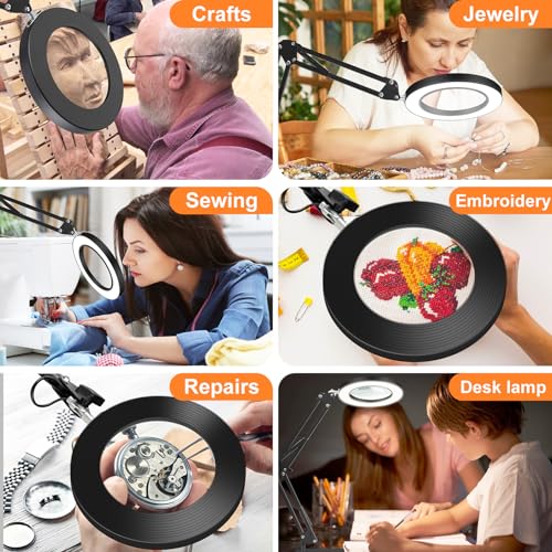 10X Magnifying Glass with Light and Stand, Dimmer Adjustable Swing Arm 2-in-1 Desk Lamp and Clamp, LED Lighted Desk Magnifier with Light for Craft Reading Repair Painting Close Work