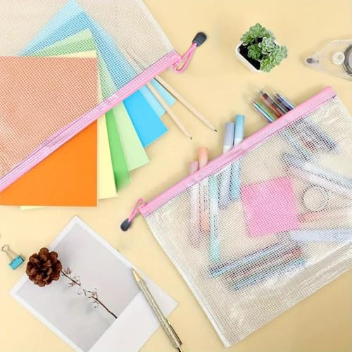 Mesh Zipper Pouch Bag, A3 Zipper File Bag for Organizing Storage, Waterproof, Pink, 17" x 12"/44cm x 32cm - color: Pink