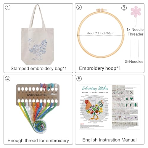 Louise Maelys Embroidery Kit, Canvas Tote Bag with Floral Hen Art Pattern - color: hen flowers