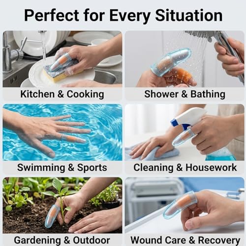 4Pcs Reusable Silicone Finger Protectors Waterproof Finger Cots with Care Bandage for Shower Swimming Nail Art