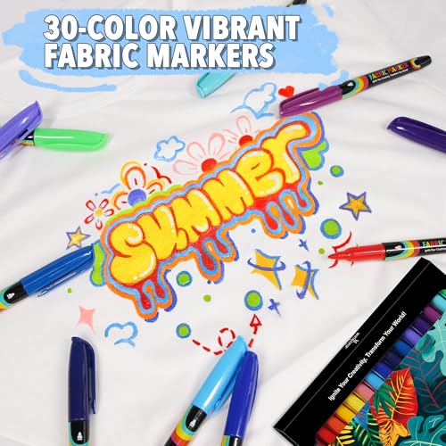 WINSONS 30 Fabric Markers Pens Set, Indelible & Permanent Fabric Paint Pens, Fine Tip Textile Marker Pen for Clothing, Laundry-Safe Art Markers, Non-Toxic, Quick-Dry