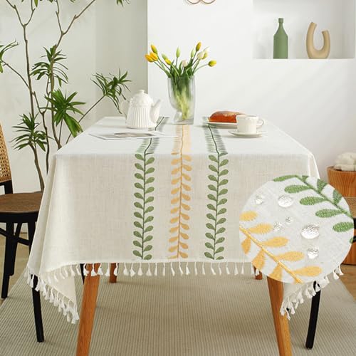 AMZALI Cotton Linen Square Tablecloth Embroidery Leaf Pattern Weight Farmhouse Table Cloth Tabletop Decoration Tassel Wrinkle Free Table Cover for Dining Outdoor and Indoor - color: Color Leaf, size: 55" x 55" (Square)