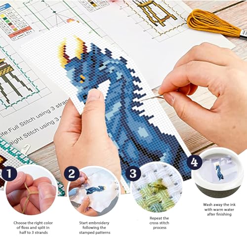 FREEBLOSS 6 Set Cross Stitch Bookmark Kit Stamped Cross Stitch Kit Dark Dragon Embroidery Set with Instruction for Adults 8''*2.4'' - style: Dragon