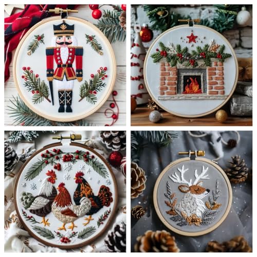 Christmas Embroidery Kit DIY Hand Embroidery Starter Cross Stitch Kits, Christmas Ornaments Embroidery with Stamped Pattern,Cotton,Threads,Needles,Instructions for Adults Beginners (Fireplace) - color: Fireplace
