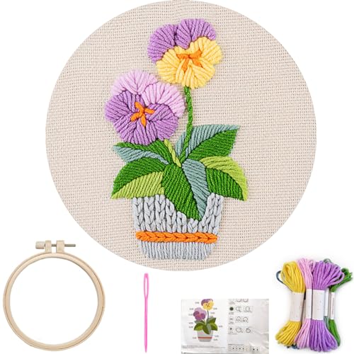 FONNUY Embroidery Kit for Beginners，3D Plants Flowers Pre-Stamped Pattern Kits Brightly Colored for Adults with Hoop (Purple Orchid) - color: Purple Orchid