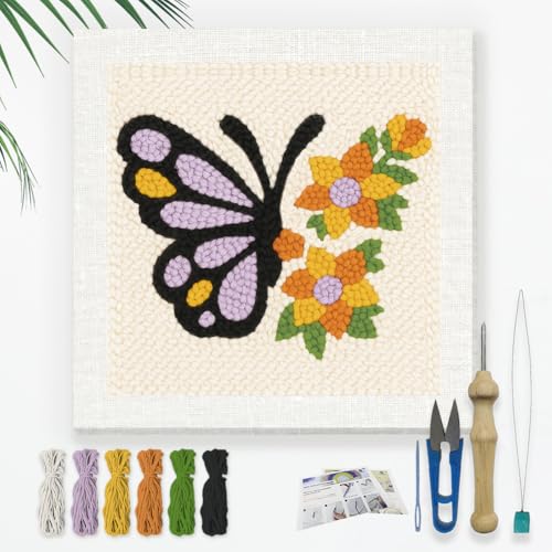 Doodlream Butterflies and Flowers DIY Punch Needle Embroidery Kit for Adult Beginner, 9.4" Punch Stitching Craft Set for Starter with Frame, Fabric Pattern, Threader, Yarn, Pinch Needle - color: Butterflies and Flowers