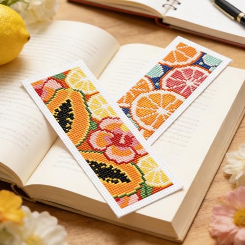 INFUNLY 6Pcs Lemon Cross Stitch Bookmark Kit 3x8.5 Inch/7.6x21.6cm Stamped Embroidery Starter Set with 20 Color Floss Cotton Linen DIY Needlepoint Bookmark for Book Lovers Gift, Colorful - style: Lemon