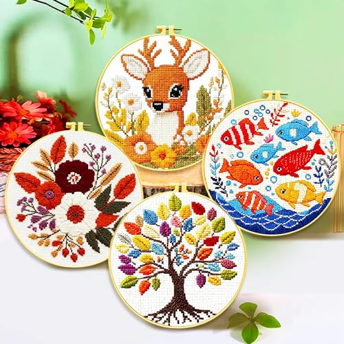 Zhenqing 4 Pack Nature Stamped Cross Stitch Kit for Adults and Beginners, 11CT Printed Fabric Deer Tree Fish Flower Patterns with Hoop, Threads, Needles, Scissors, Threader, Guide - color: Deer Tree Fish Flower