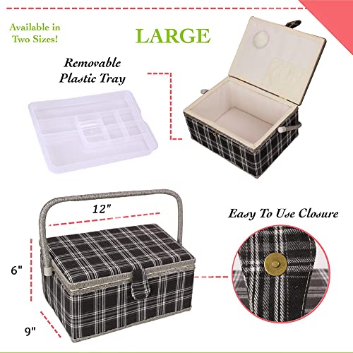 Sewing Basket with Floral Print Design - Sewing Kit Storage Box with Removable Tray, Built-in Pin Cushion and Interior Pocket - by Adolfo Design (Large - 12" x 9" x 6", Black Plaid) - color: Black Plaid, size: Large - 12" x 9" x 6"