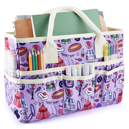 Craft Organizer Tote Bag with Multiple Pockets,Scrapbooking Art Storage - color: Purple Circus