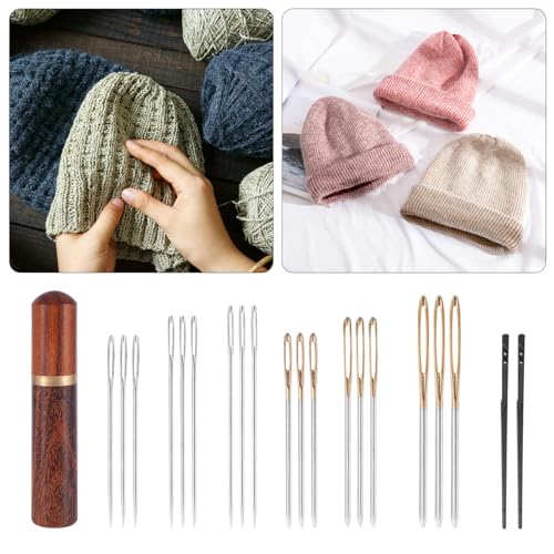 20pcs Large Eye Sewing Stainless Needles, Big Eye Embroidery Needles Steel Blunt & Sharp Tapestry Needle Hand Knitting Needle with Wooden Case for Leather Stitching Quilting Crochet Weaving Project