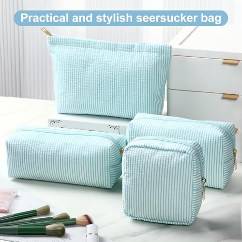 Sanwuta 4 Pcs Seersucker Pouch Striped Makeup Bag Set, Light Blue - color: Acid Blue