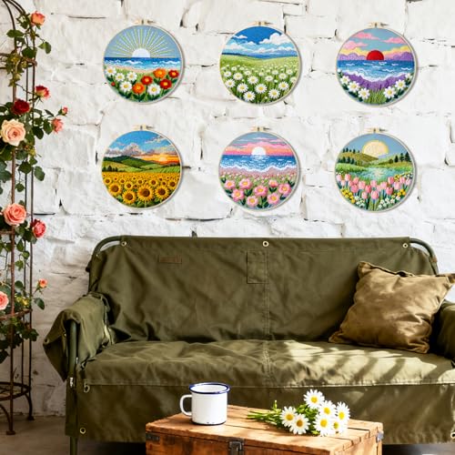 BEUNITONE 6 Set Flower Sea Starter Embroidery Kit with Pre-stamped Pattern Needlepoint Craft Kits with Embroidery Hoops Complete DIY Handmade Cross Stitch Set for Home Decor and Festival Gifts 20x20cm - style: Sea of Flowers