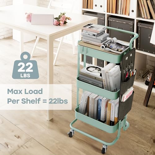 DTK 3-Tier Rolling Cart with Table Top, Metal Utility Cart with Side Bags - color: Green, size: Large