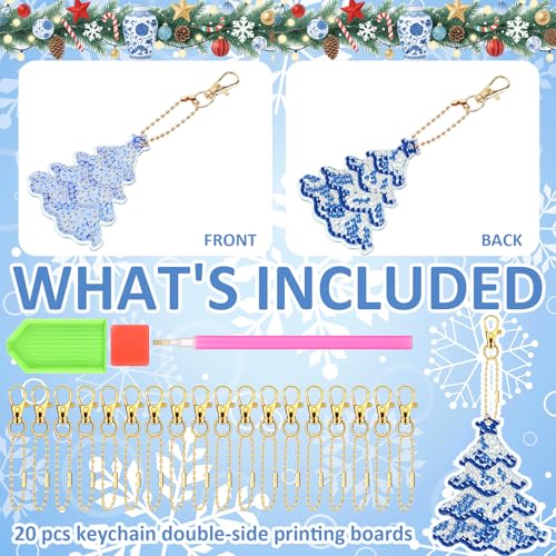 20 Pcs Christmas Diamond Art Ornaments Diamond Painting Keychain Kits - style: Blue and White Porcelain