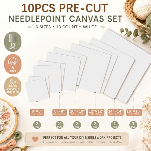 Knitgrip 10 Pcs 13 Mesh Needlepoint Canvas, 6 Square Sizes - size: 13 Mesh Square Size