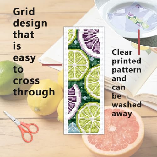 INFUNLY 6Pcs Lemon Cross Stitch Bookmark Kit 3x8.5 Inch/7.6x21.6cm Stamped Embroidery Starter Set with 20 Color Floss Cotton Linen DIY Needlepoint Bookmark for Book Lovers Gift, Colorful - style: Lemon